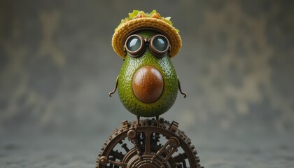 Gears and Greens Steampunk Avocado with Goggles and Taco Hat Atop a Complex Mechanical Contraption