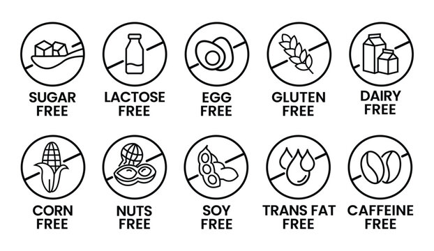 Set allergen free icons. Allergen free label products. Free lactose, gluten, sugar, corn, egg, trans fat, dairy, soy, nuts, caffeine, symbol, logo, badge, black, vector, isolated on white background. - Powered by Adobe