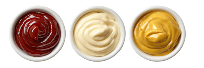 Three small white bowls filled with condiments ketchup, mayonnaise, and mustard