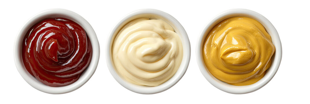 Three small white bowls filled with condiments ketchup, mayonnaise, and mustard