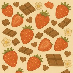A delightful illustration featuring strawberries, chocolate bars, hearts, and flowers arranged on a light background.