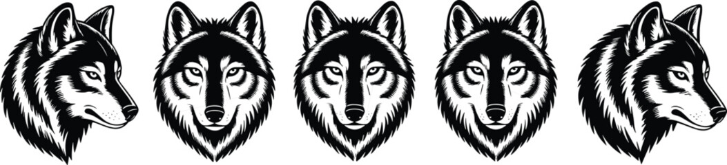 Stylized, black, and, white, wolf, head, illustrations, symmetrical, animal, design, tribal, graphic, wildlife, tattoo, art, predator, sketch, frontal, profile, fierce