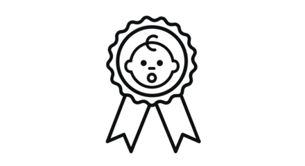Isolated award ribbon with baby face emblem shows childcare, birth, new child congratulation
