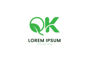 Minimalist green letter qk logo design with nature leaf element modern branding identity