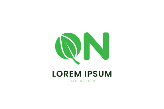 Minimalist green leaf logo design featuring letters qn and placeholder text