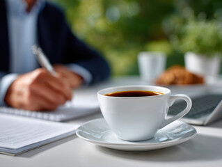 Businessman writing notes while enjoying a cup of coffee during a break