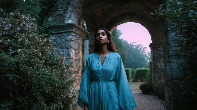 Elegant young woman in flowing teal dress with gold earrings stands in ancient stone arch garden, flowers at sides and hedges behind, dusk pink sky background, cinematic romance concept