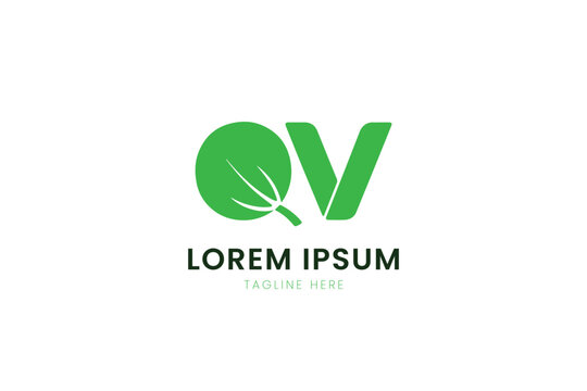 Minimalist green qv logo with leaf element and placeholder text for branding