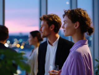 Business people enjoying evening city view from office window during corporate event
