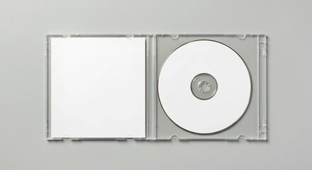 dvd case and cd, Open clear plastic CD jewel case with blank white disc and insert for branding. Mock-up of compact disc packaging on soft gray background. Represents digital storage, music or softwar