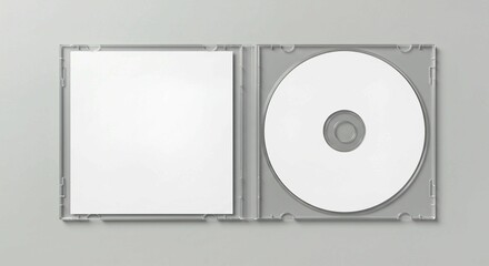 dvd case isolated on white background, Open clear plastic CD jewel case with blank white disc and insert for branding. Mock-up of compact disc packaging on soft gray background. Represents digital sto