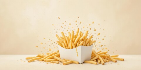 Dreamy Fry Depiction  Watercolor Rendering of Fries Spilling from a White Box, on a Gently Textured Beige Backdrop.
