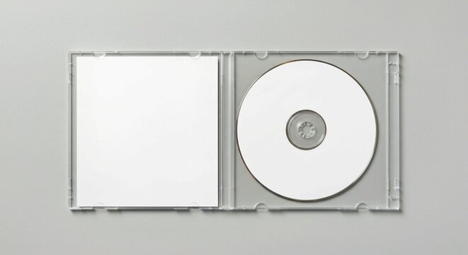 dvd case and cd, Open clear plastic CD jewel case with blank white disc and insert for branding. Mock-up of compact disc packaging on soft gray background. Represents digital storage, music or softwar - Powered by Adobe