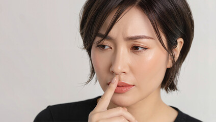 Thoughtful Asian woman touching chin indoors