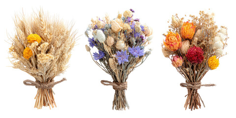 Three dried flower bouquets, various colors