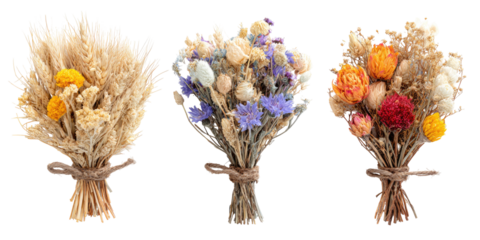 Three dried flower bouquets, various colors