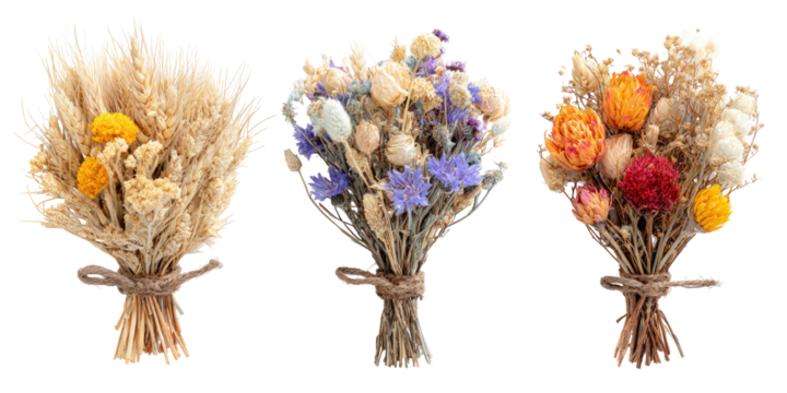 Three dried flower bouquets, various colors