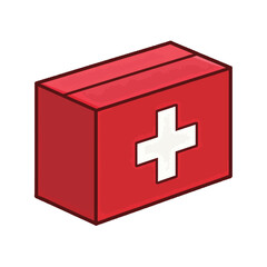 A simple and clean cartoon vector illustration of a red first-aid kit box with a white cross symbol, representing health, safety, and medical emergency preparedness.