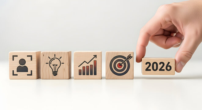 Hand placing 2026 block with business goal icons.