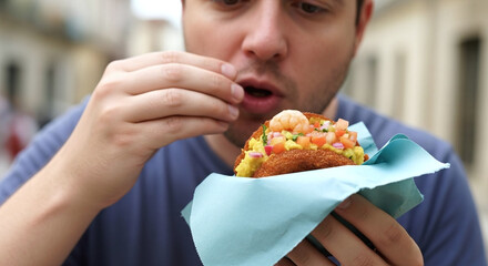 Person enjoying delicious Brazilian Acarajé street food with fresh shrimp and vibrant toppings