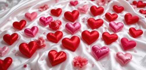 Luxurious Red and Pink Silk Hearts on a Gleaming White Satin Sheet