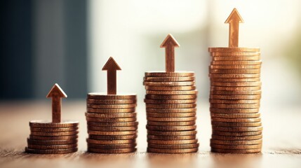 exchange. An abstract representation of financial growth with floating coins and upward arrows on a gradient background. pitch deck slides.