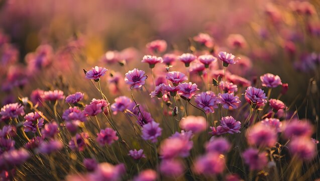 Field of pink wildflowers bathed in warm sunlight