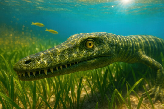 Nothosaurus Gliding Through Sunlit Seagrass In Shallow Water