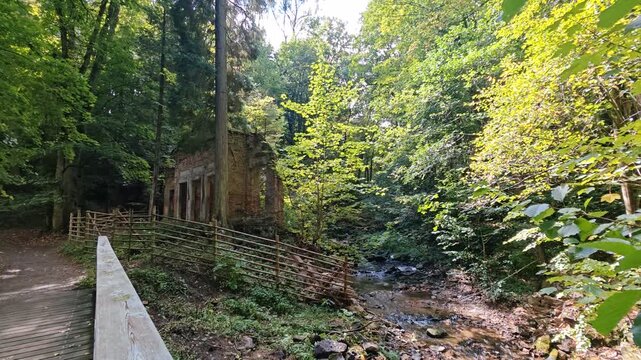 Ruins of the Modry dum (Blue House), a historical structure in the scenic NoveHrady castle park, surrounded by nature and cultural heritage.