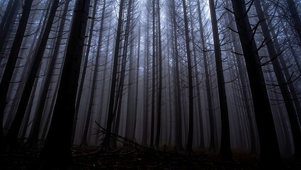 Naklejka premium Dark and mysterious forest with tall trees shrouded in mist