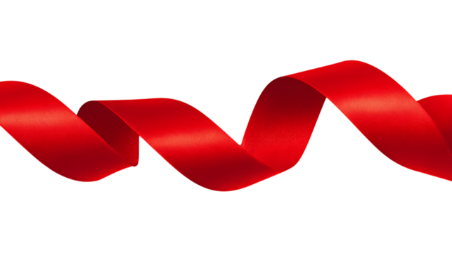 A vibrant red ribbon gracefully curls, isolated on transparent background.