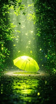 An umbrella stands in a downpour within a vibrant green forest, creating a magical scene with rain, light, and nature's beauty.