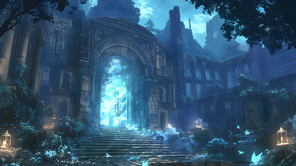 Mystical Ruins with Glowing Portal and Butterflies, Fantasy Landscape with Ancient Architecture, Blue Tones, Magical Atmosphere, Overgrown Structures, and Ethereal Light, Evoking a Sense of Wonder
