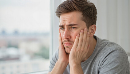 Worried young man touching face indoors
