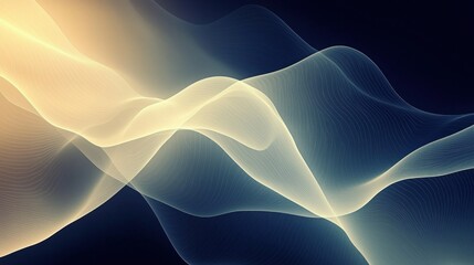 Abstract design with layered semi translucent waves featuring gradients from light yellow to blue against a dark navy ba