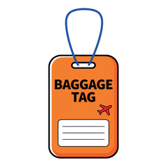 A vibrant cartoon vector illustration of an orange baggage tag with a blue loop and a red airplane icon, symbolizing air travel, luggage, and vacation.