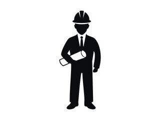 Vector silhouette of an engineer holding blueprint and wearing safety helmet