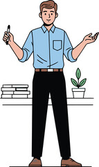 A minimalist illustration depicts a man delivering a presentation. He stands confidently, gesturing with a pen and open hands, before a simple desk and whiteboard. T