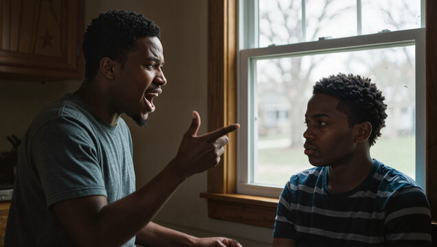 Father scolding teenage son indoors