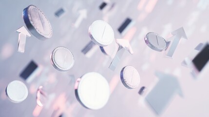 exchange. An abstract representation of financial growth with floating coins and upward arrows on a gradient background. pitch deck slides.