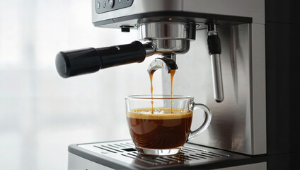 Espresso coffee pouring from machine into cup
