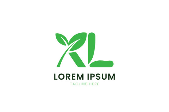 Minimalist green xl logo with leaf elements and lorem ipsum text on clean backdrop