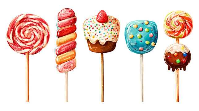 Assorted colorful lollipops and sweets isolated on transparent background