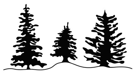 silhouette of forest winter trees. Evergreen coniferous nature. Pine, spruce, tree in the style of one line. holiday elements isolated on a white background. for print, postcard, banner art  