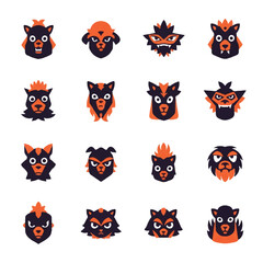 Fototapeta premium Sixteen stylized wolf and dog head icons in orange and black.
