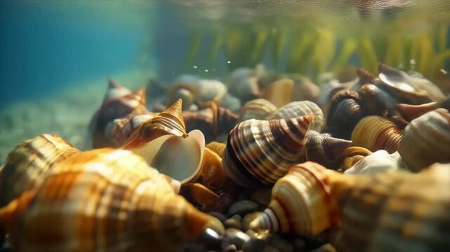 An underwater world with shells and small stones, the play of light in the water. Suitable for themes of sea travel, ocean ecology, or decorative projects with a nature theme.
