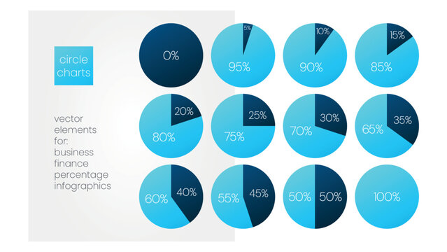 5 10 15 20 25 30 33 35 40 45 50 55 60 65 70 75 80 85 90 95 100 0 percent pie charts. Vector percentage infographic set. Circle diagrams for business, finance, progress, report
