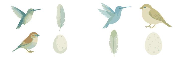 Collection of delicate watercolor birds, including hummingbirds and sparrows, alongside speckled eggs and soft feathers rendered in a natural pastel palette