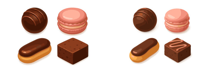 Gourmet dessert collection featuring chocolate truffles, delicate pink macarons, classic eclairs, and rich brownies