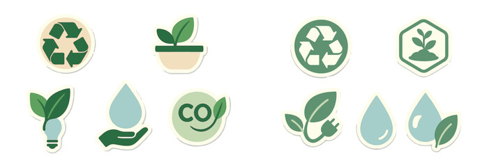 Environmental sustainability set with recycling, potted plant, water drop, CO2 reduction, and green energy